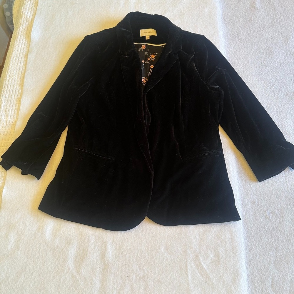 Skies Are Blue Womens Velvet Blazer Medium Black Floral Lined Cardigan Career